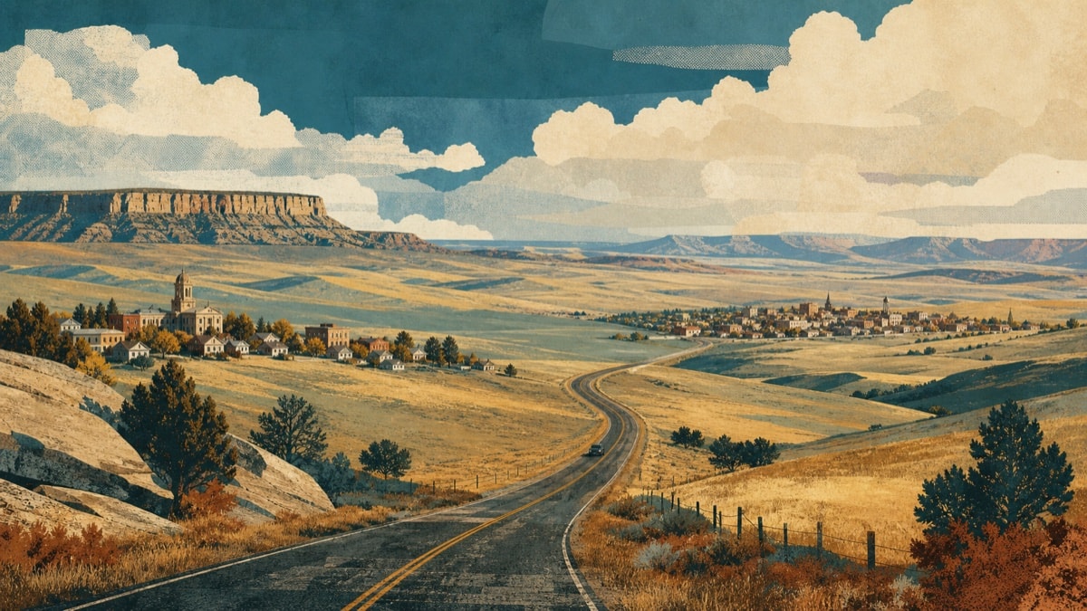 Editorial illustration of a high plains community beneath a wide Wyoming sky